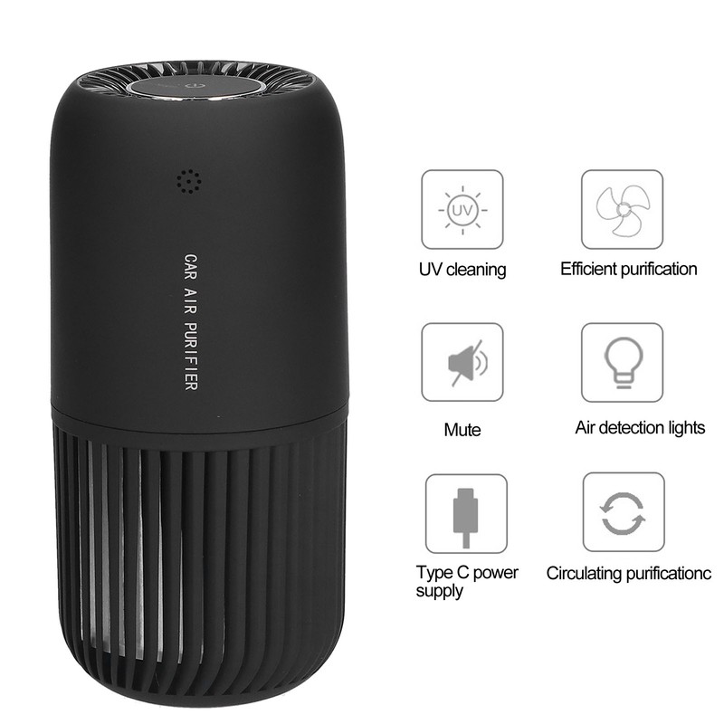 Black Air Purifier Portable USB Powered Low Noise Car Air