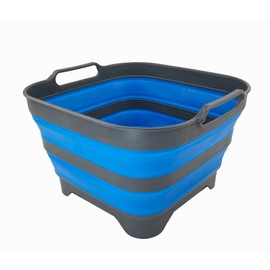 SAMMART 10L (2.6 gallons) Collapsible Plastic Washing Tub with Draining Plug - Foldable Dishpan - Portable Washing Tub/Basin - Pop Up Saving Kitchen Storage (Grey/Blue)