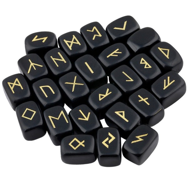 mookaitedecor Black Obsidian Runes Stones Set (25 Pieces), Tumbled Gemstone with Carved Rune Words for Fortune Telling, Crystal Healing Reiki