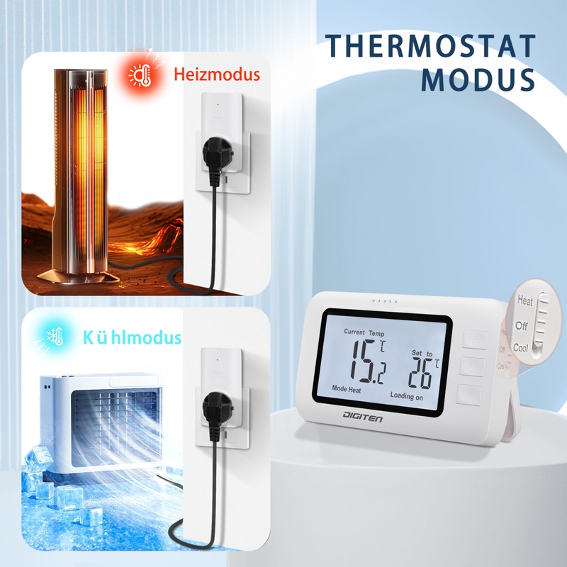 Heating controller for DIY installations, plug thermostat, set on heating