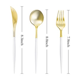N9R 90PCS Gold Plastic Silverware - Gold Plastic Cutlery Set with White Handle, Heavy Duty Plastic Silverware with 30 Spoons, 30 Forks, 30 Knives - Perfect for Birthday Party, wedding and Everyday Use