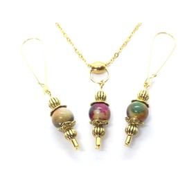 Vintage style stainless steel women's choker necklace and earrings jewelry set with green and brown dyed jade pendant