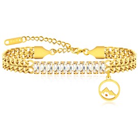 JunyiDIY Women's Cuban Chain Adjustable Bracelet, Round Mountain Mustard Seed Pendant Tennis Zircon Crystal for Mom Wife's Faith Jewelry