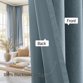 ChrisDowa Linen Textured 100% Blackout Curtains 63 inches Length, 2 Panels Set Thermal Insulated Linen Curtains for Living Room, Privacy Grommet Window Curtains (Blue, 52 x 63 Inch)