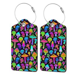 EOBKLAX 2 Pack Luggage Tags for Suitcases,Colorful Mushrooms Luggage Tag,PU Leather Id Label Luggage Tags with Stainless Steel Loop and Privacy Cover for Women Men Teens Travel