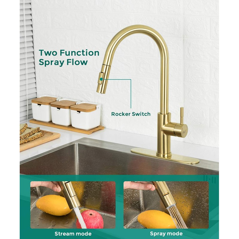 Gold Kitchen Sink Faucet with Pull Down Sprayer, Modern Single