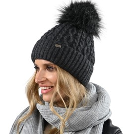 Alur Women's Beanie Winter Hat Knitted Hat with Bobble - Warm Elastic Elegant Winter Hat EKO Bobble Hat - Soft Yarn Stylish Universal Warm, graphitegray