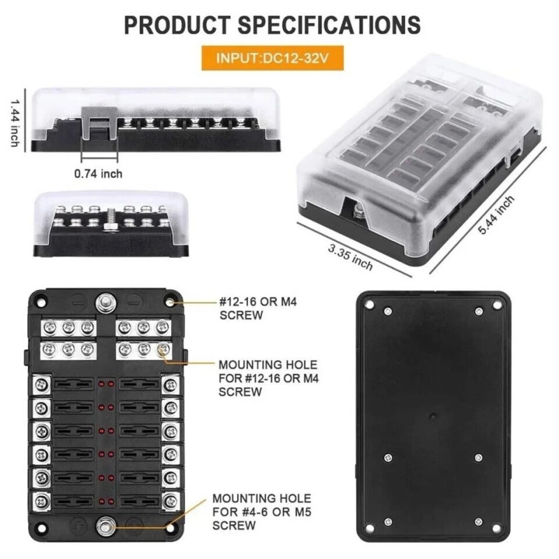 LLK 12-Way Blade Fuse Box Block Holder LED Indicator 6