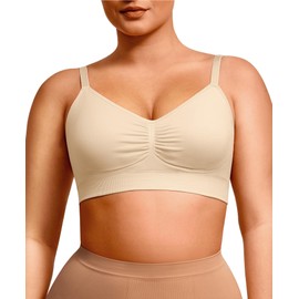 Lover-Beauty V Neck Bras for Women Wireless Stretch Comfort Everyday Bras Removable Pads Seamless Sports Bra with Adjustable Straps, Skin, XL