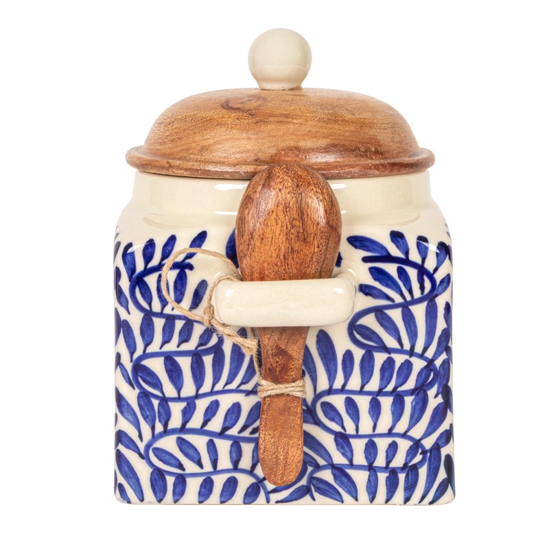 Creative Co-Op Stoneware Canister with Design, Lid and Spoon, Cream,