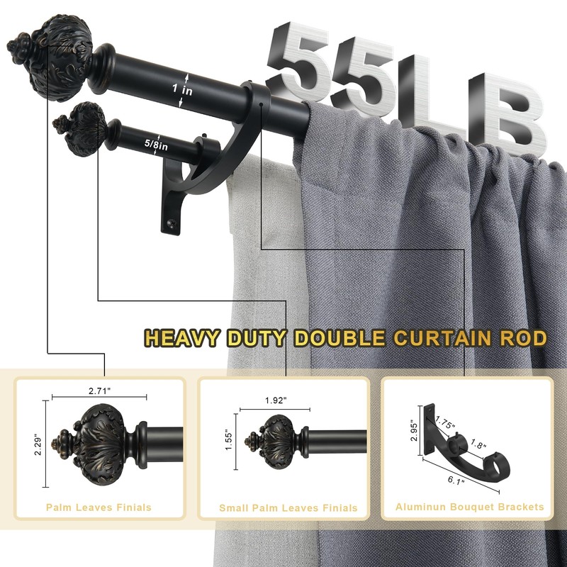 Lwiiom Heavy Duty Double Curtain Rod with Palm Leaves Finials