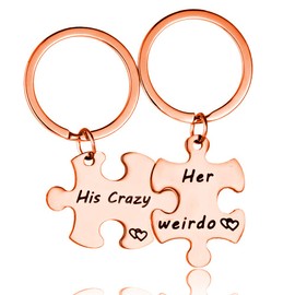Uloveido Rose Gold Plated Keychains Men and Women Couples Jewelry Stainless Steel Puzzle Promise Keychain for Girlfriend Boyfriend Best Friend SN136 (His Crazy-Her Weirdo)