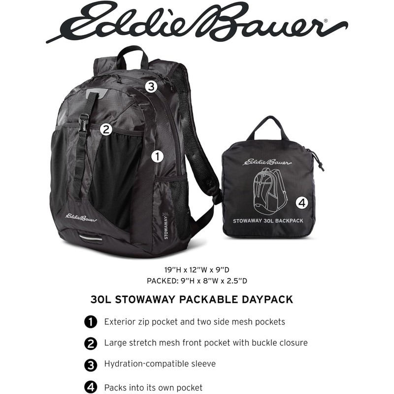 Eddie Bauer Stowaway Packable Backpack-Made from Ripstop Polyester, Spruce, 30L