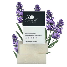 Coconut Oil Bar Soap Handcrafted Organic Natural Face Body Hands Vegan Scented Lavender Essential Oil - 2 Bars, 4oz Each