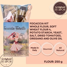 Home Focaccia Bread Kit, Homemade and Packaged in South of Italy, Ingredientsl: Whole Flour, Soft wheat flour 4, potato starch, yeast, salt, dried tomatoes, oregano and Olive Oil, Gourmet Gift Set - Artigiani dei Sapori
