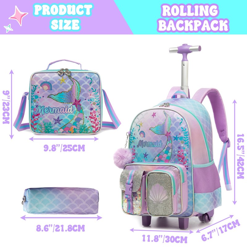HTgroce Mermaid Rolling Backpack with Wheel,School Backpack for Kids Girl