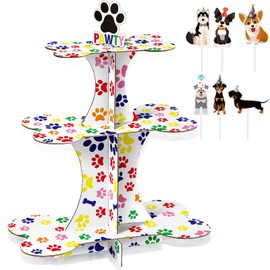 Bokon 3 Tier Puppy Dog Cupcake Stand and 24 Pcs Dog Cupcake Toppers Dog Birthday Party Supplies Puppy Bone Shaped Paw Print Cupcake Holder for Puppy Dog Kids Theme Birthday Party Decorations