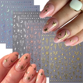 8 Sheets Star Moon Nail Art Stickers 3D Self-Adhesive Pegatinas Uñas Gold Nail Decals with Glitter Sun Design Aurora Nail Supplies Nail Art Design Decoration Accessories for Women and Girls