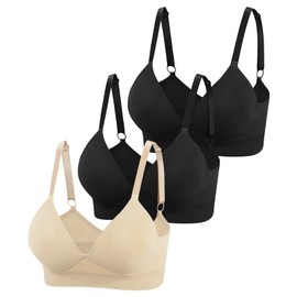 Eleplus 3 Pieces Deep V Non Wired Bras for Women Seamless Comfort Bralettes Lightly Lined Multi Pack (2 Black+Beige,L)