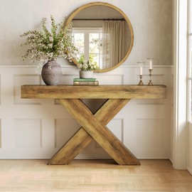 LITTLE TREE Console Table, 55-Inch Entryway Table, X-Shaped Design Narrow Console Table, Sofa Table for Living Room Foyer Hallway, Entryway, Entrance, Foyer, Industrial Wooden, Rustic Brown