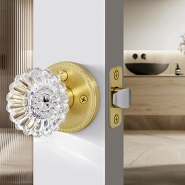 LOQRON Brushed Gold Privacy Crystal Door Knob, Gold Plum Design Crystal Doorknob Interior with Push Button Lock, Vintage Door Knob for Bathroom Bedroom, Satin Brass