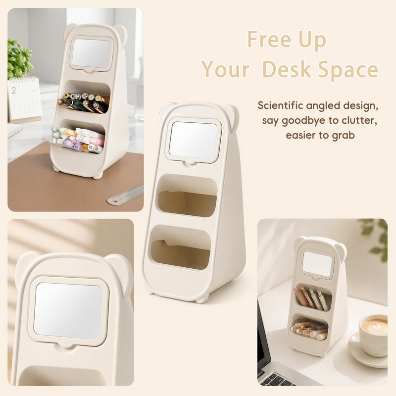 Bear Pen Holder with Mirror, Cute Desk Organizer Pencil Cup