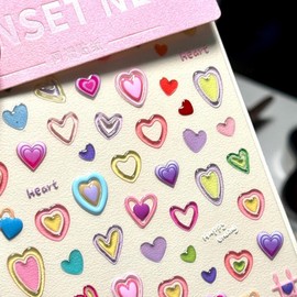 3D Colorful Heart Nail Art Stickers – Self-Adhesive Decals (Nail Charms Look) for DIY Manicure & Press On Nails (1 Sheet)