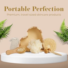 Bella Ciao Juego de 6 piezas para el cuidado del cuerpo y la piel, cesta de regalo de spa para mujer con rodillo de masaje facial, cepillo para el cabello, herramientas exfoliantes y bandeja de madera, accesorios de baño para el cuidado personal