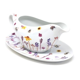 Fine China Gravy Boat Pitcher with Lip & Saucer Stand - Busy Bees The Jennifer Rose Gallery Design