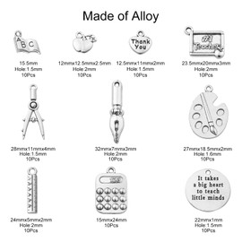 Ornazy 100 pcs 10 Styles Craft Supplies Antique Silver School Teacher Charms Ruler Pen Compasses Charms for Jewellery Making Crafting Findings Accessory