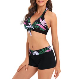 Trajes de baño para mujer, trajes de baño atléticos, trajes de baño de dos piezas, traje de baño deportivo halter para mujer, Negro rosado, 6-8