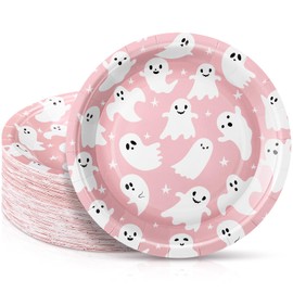 FillTouch 100 Platos de Papel Desechables para Tartas y Postres Decoración para Fiestas(Fantasma rosa de Halloween,7 Pulgadas,Rosa)