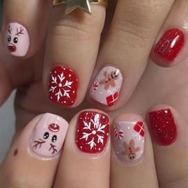 Christmas Press on Nails Short Square with Cute Cartoon Gift Box Gingerbread Man Design Little Elk False Nails Glossy Red Acrylic Fake Nails Gel Glue on Nails Winter tick on Nails for Women Manicure