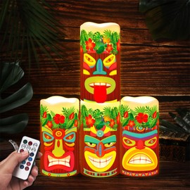 Baquler 4 Pcs Tribal Tiki Flickering Flameless Candles Hawaiian Luau LED Battery Operated Flickering Candles Eid Mubarak Lights with 18-Key Remote for Summer Holiday Tiki Bar Party Table Decorations