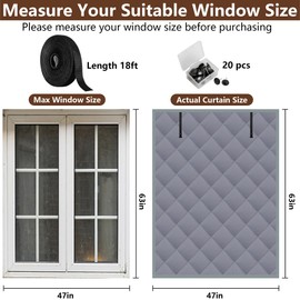 Nkiy Quen 3 Layer 63 x 47 Inches Winter Insulated Window Curtain-Oxford Thermal Insulated Window Blanket with Fastener-Gray Window Insulation Kit for Winter Keeping Warm