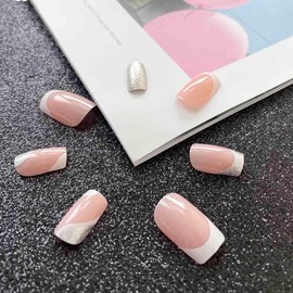 SINLOV 24pcs Square Coffin Full Cover False Nails Pink Nude Sequin Gradient French False Nails Glitter Print on Nails for Women and Girls