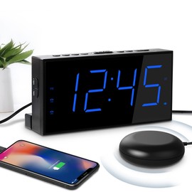 Extra Loud Alarm Clock with Bed Shaker, Vibrating Alarm Clock for Heavy Sleepers, Hearing Impaired Teenagers, Double Alarm Clock, Large Display, USB Charger, Dimmer, Snooze