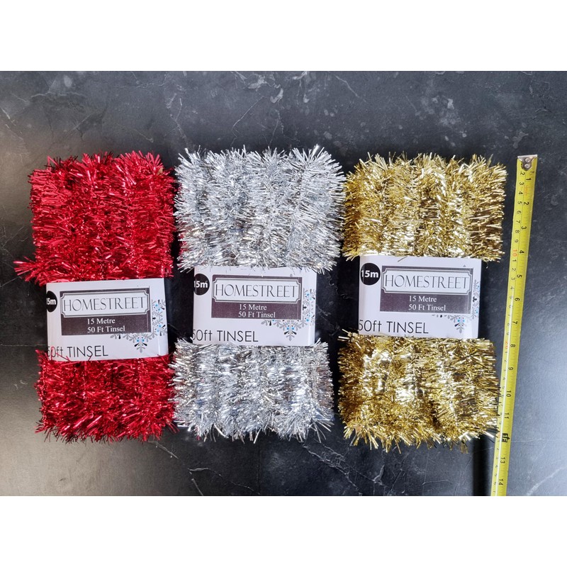 Very Long Christmas Tinsel in Red, Gold Or Silver, 50