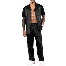 LecGee Men's Satin 2 Piece Outfits Lapel Short Sleeve Tracksuit Button Tops Jogger Pants Set With Pocket Prom Club Party(Black,XL)