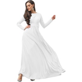 KOH KOH Womens Long Full Sleeve Sleeves Flowy Empire Waist Fall Winter Modest Formal Floor Length Abaya Muslim Bridesmaid Bridal Gown Gowns Maxi Dress Dresses, Ivory White L 12-14