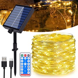 Hopelit Solar Fairy Lights Outdoor 10 m 100 LEDs Fairy Lights Outdoor Solar Fairy Lights Copper Wire IP65 Waterproof with Remote Control 8 Modes for Christmas Decoration, Balcony Decoration, Garden