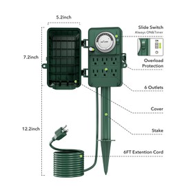 BN-LINK 24 Hour Mechanical Outdoor Multi Socket 6 Outlet Garden Power Stake with 6ft Cords, Outdoor Timer for Christmas Lights, ETL Listed, 125V, 15A/1875W