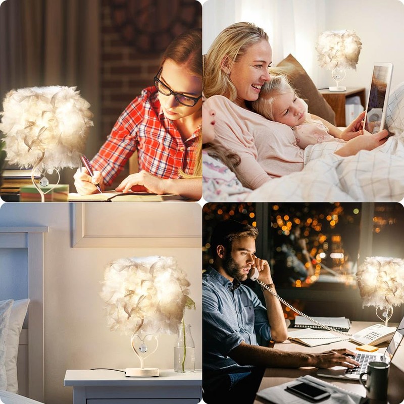 Feather Table Lamp, Bedside Table lamp for Bedroom, White Lamp