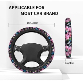 Beautiful Butterfly Steering Wheel Cover for Women Men with 2 Pcs Car Coasters, Universal 14.5-15 Inch Flowers Steering Wheel Covers Non-Slip Car Accessories for Girls