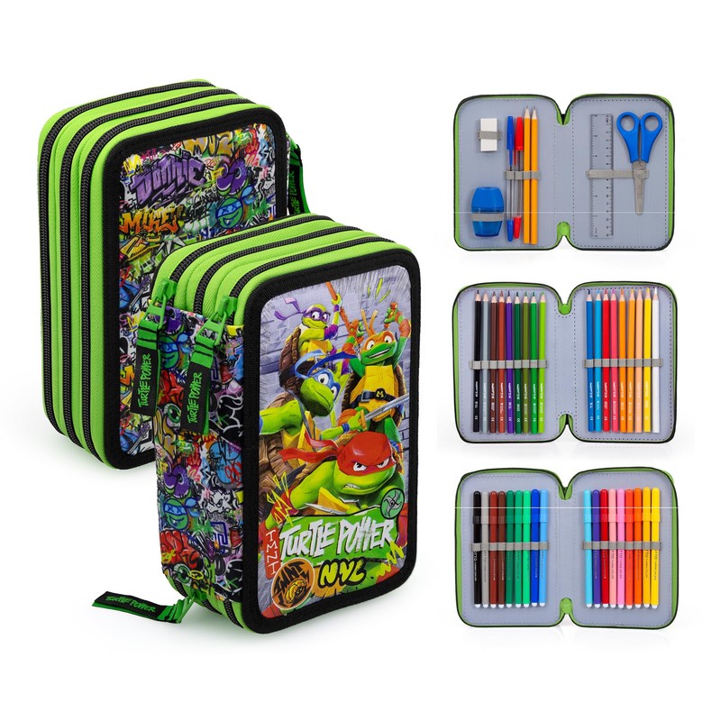L'ERBAVOGLIO Original 3 Zip School Pencil Case Complete with 44