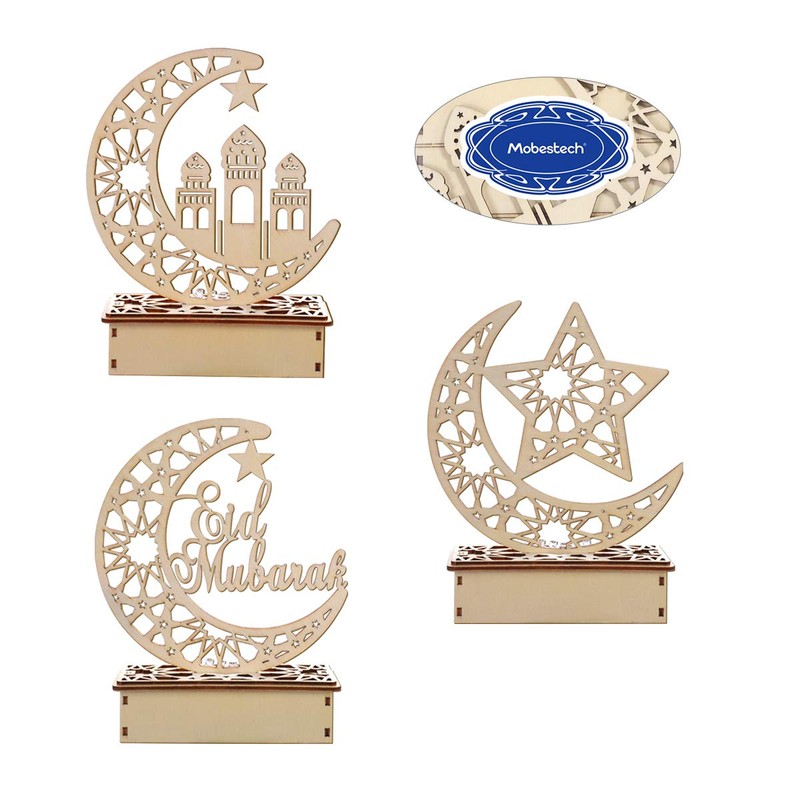 Mobestech 3PCS Ramadan Mubarak Eid Decorations Wooden Moon Star Lights