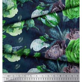 Soimoi Green Poly Crepe Fabric Leaves & Floral Print Fabric by The Yard 42 Inch Wide