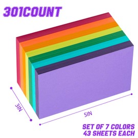 Index Cards 301-Count 3x5 Inch,178GSM Heavyweight Set of 7 Colors Paper Multicolor Study Cards (Rainbow)