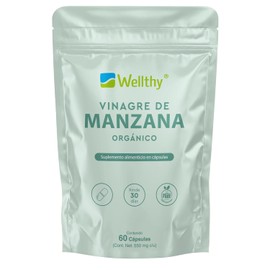 Wellthy Vinagre de Manzana 60 Cápsulas. 550mg c/u, Suplemento alimenticio Orgánico, Vegano, Bottle Free