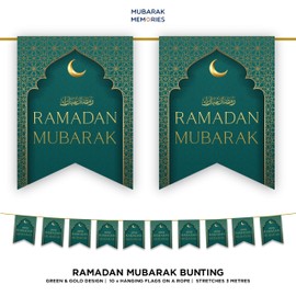 Ramadan Mubarak Bunting Decorations (Green & Gold Design) - Ramadhan Kareem Banner Flags Hanging Decor for Home Domes Lanterns Moon Star